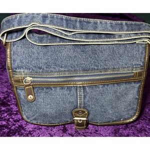 Vtg Denim Purse Y2K Crossbody Bag Zipper Boho Multipocket Pockets 90s Retro Jean